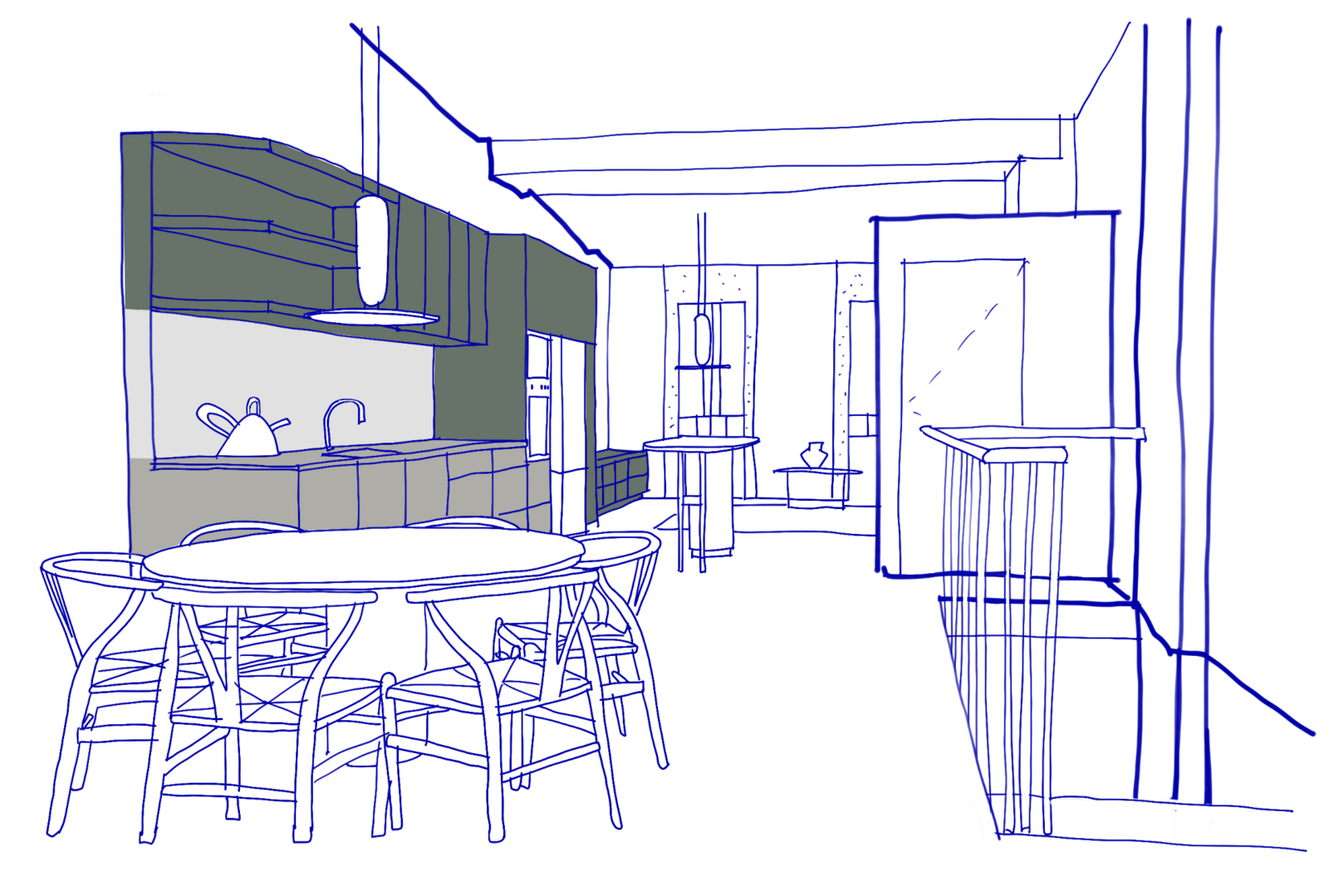 Hand-drawn interior sketch, signed Alexandra Mowday